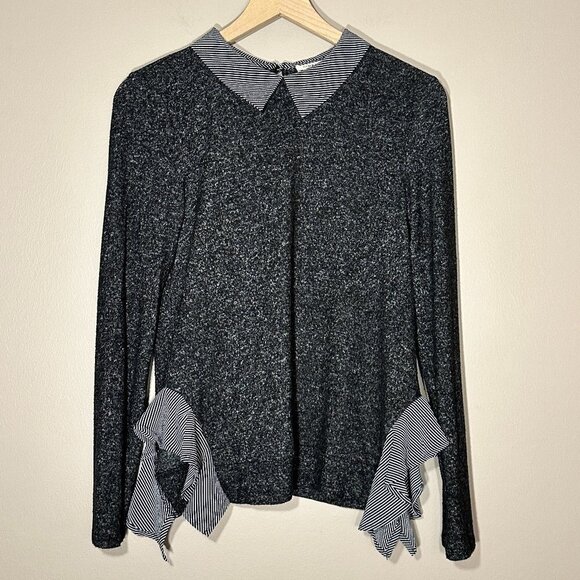 Women's L Monteau Sweater Peter Pan Collar Top Charcoal Striped Soft Stretch - Picture 2 of 8